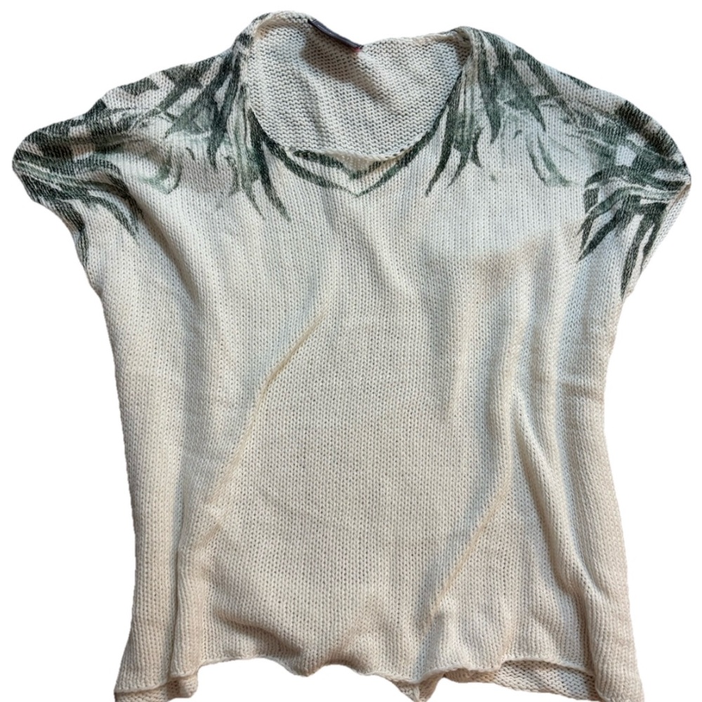 Wooden Ships Cream and Green Knit Blouse Size M Floral tropical beach